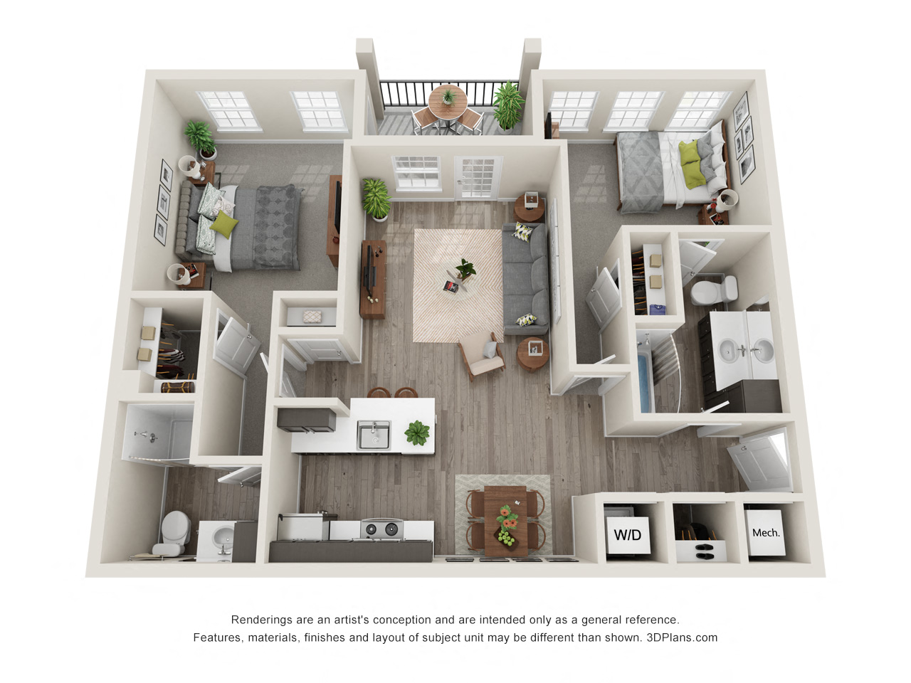 Floor plan for 2 beds, 2 baths, 997 sqft